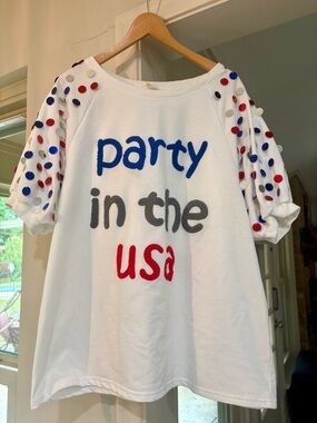 Party in the USA White Tee with Red, Blue & Gray Lettering